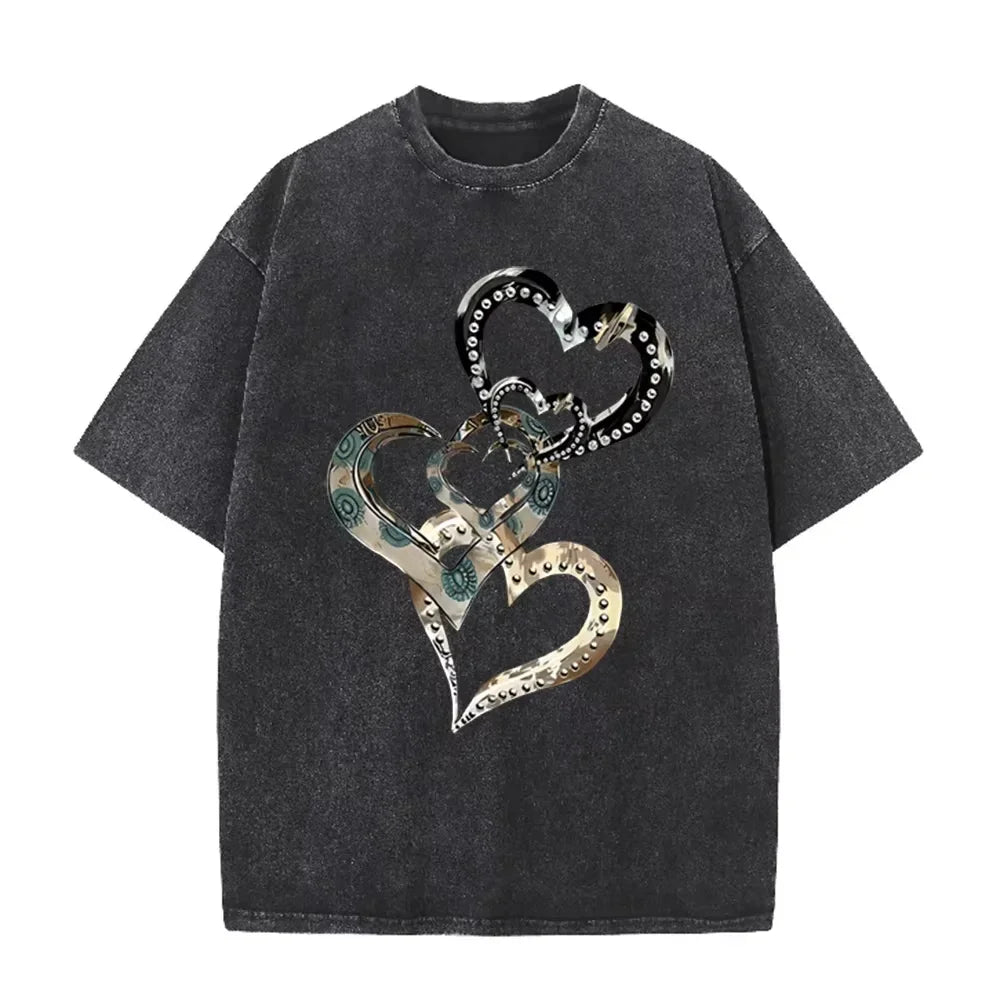 Retro Acid Wash Oversized T-shirt Metallic Multi Heart Print Punk Rivet Design Casual Street Tops