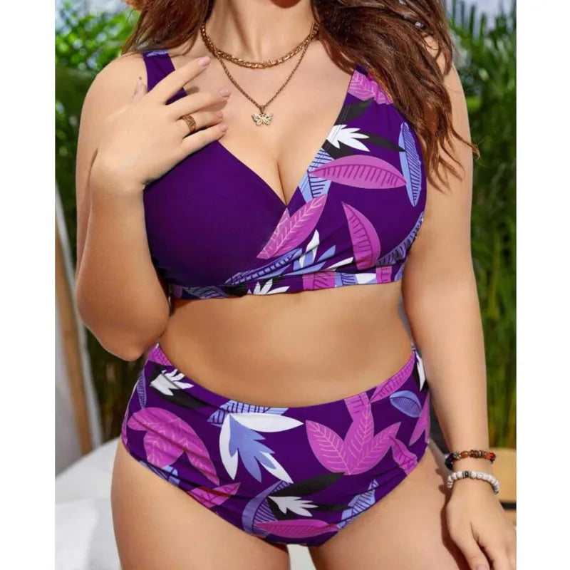 Women's Printed Contrast Panel Top and High Waist Bikini Set