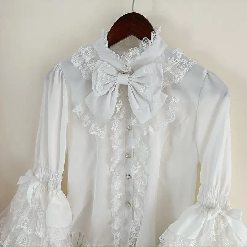 Women's Bow Neck Blouse with Layered Lace Sleeves