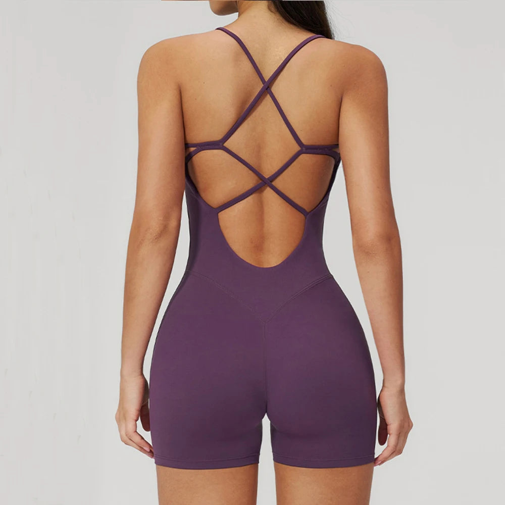 Women's Thin Strap Workout Romper with Multiple Crossed Back Straps