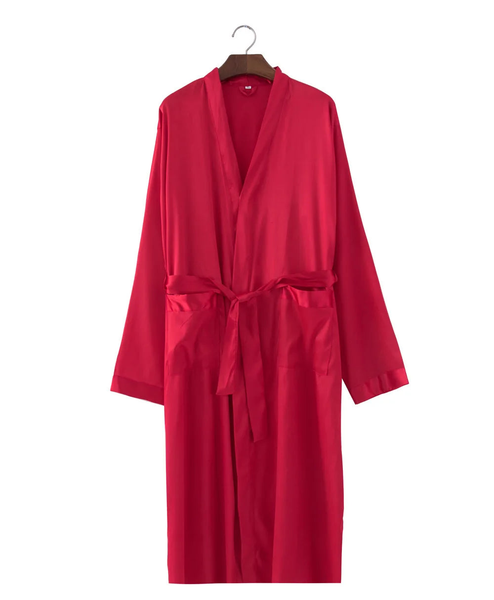 Men's Solid Satin Long Sleeve Tie Waist Bathrobe with Pockets