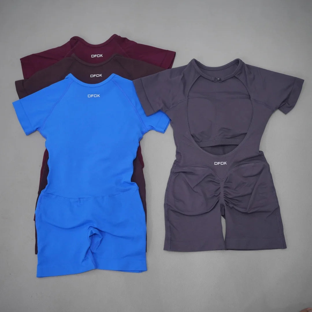Women's Short Sleeve Nylon Blend Workout Romper with Open Back