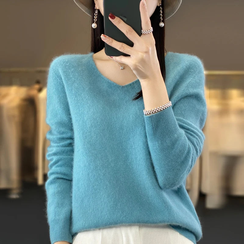 Women's V Neck Long Sleeve Sweater Casual Knit Layer