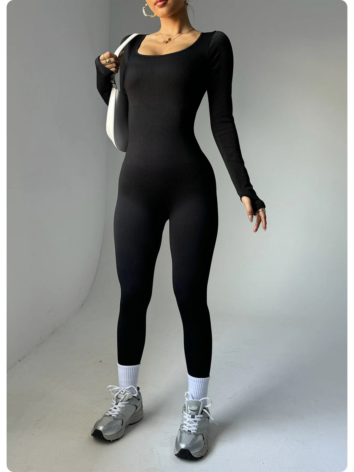 Women's Long Sleeve Ribbed Nylon Blend Workout Jumpsuit with Scoop Neck