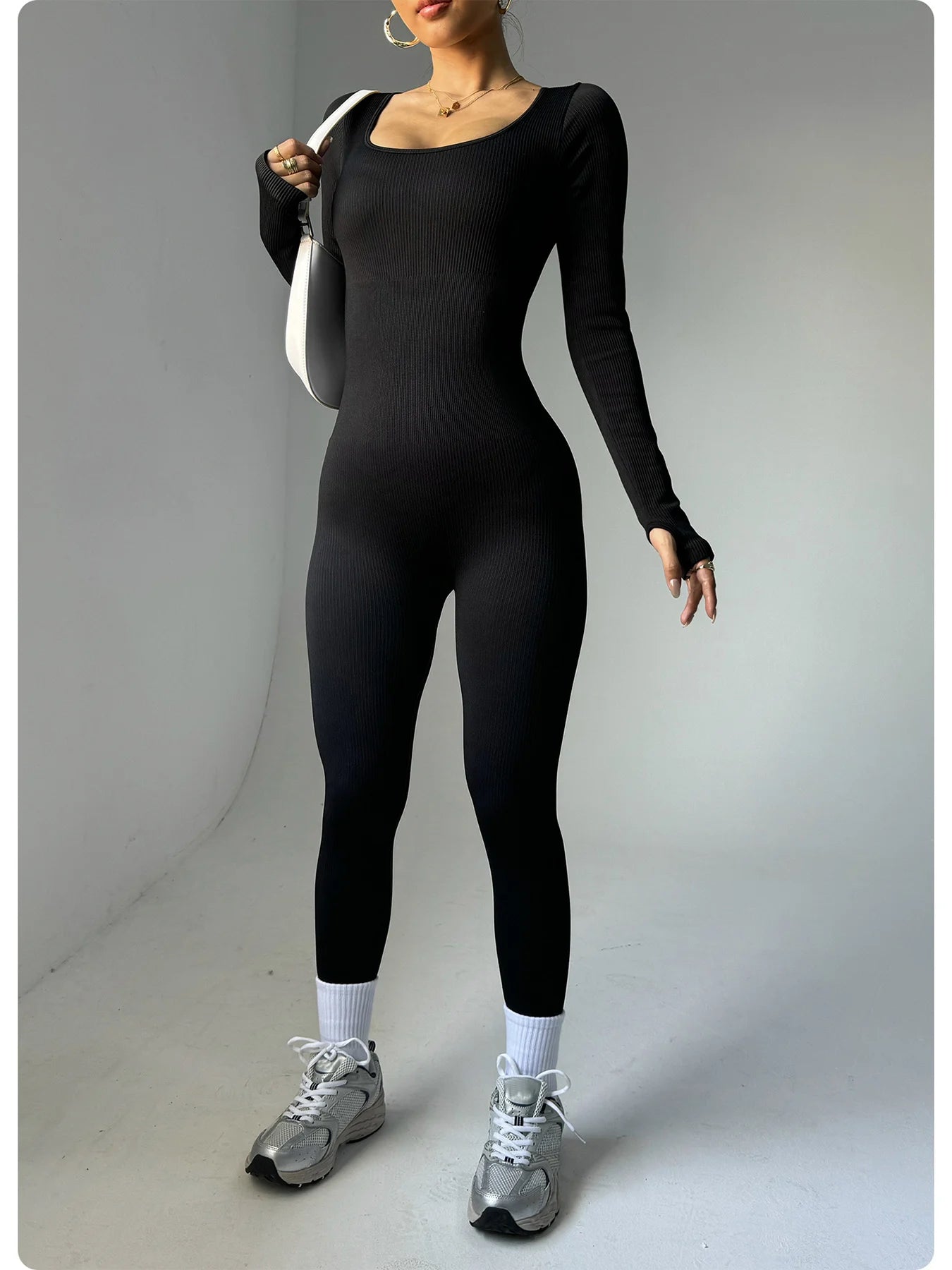 Women's Long Sleeve Ribbed Nylon Blend Workout Jumpsuit with Scoop Neck
