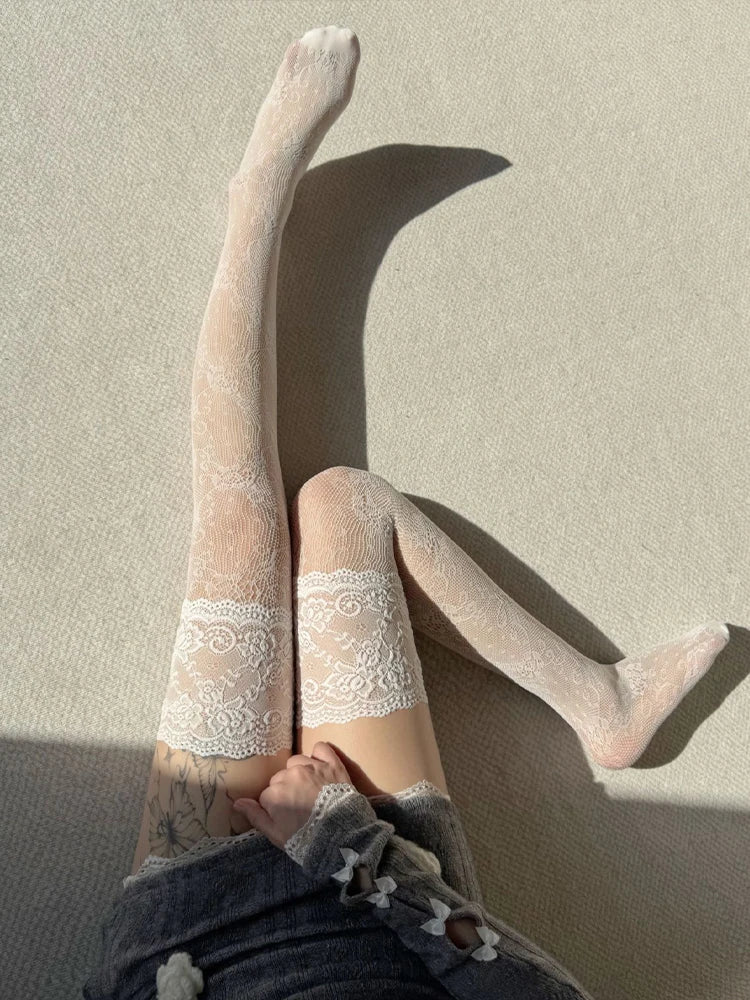 Floral Lace Thigh High Stockings with Decorative Cuffs