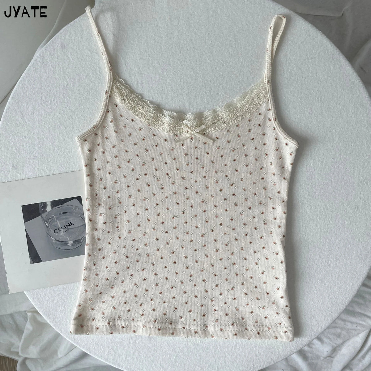 Women's Lace Trim Cotton Blend Camisole with Bow and Mixed Pattern Options