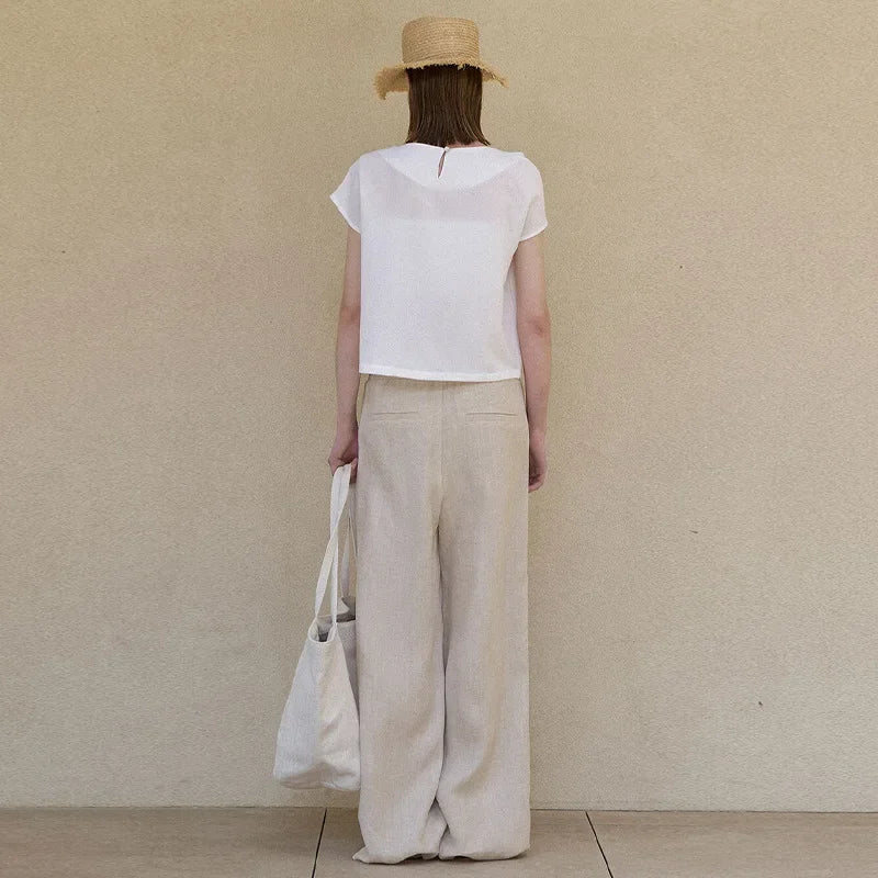 Women's Linen Loose Straight-Leg Full-Length Pants with Drawstring Waist and Practical Pockets