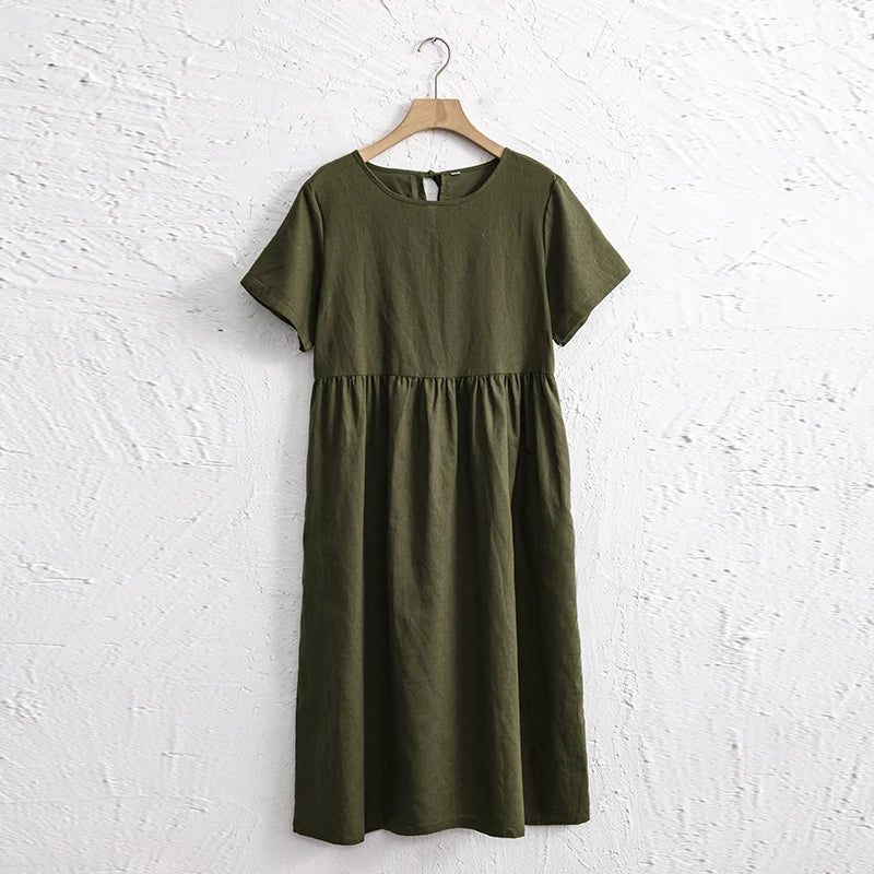 Women's Cotton-Linen Short-Sleeve Round-Neck A-Line Midi Dress with Pockets for Casual Outfits
