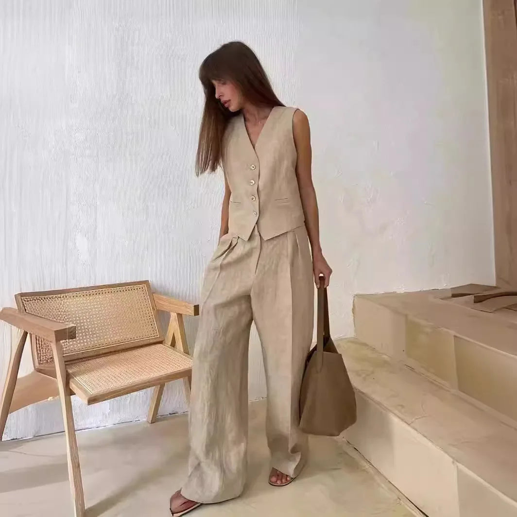 Women's Button Front Vest and Wide Leg Pants Set