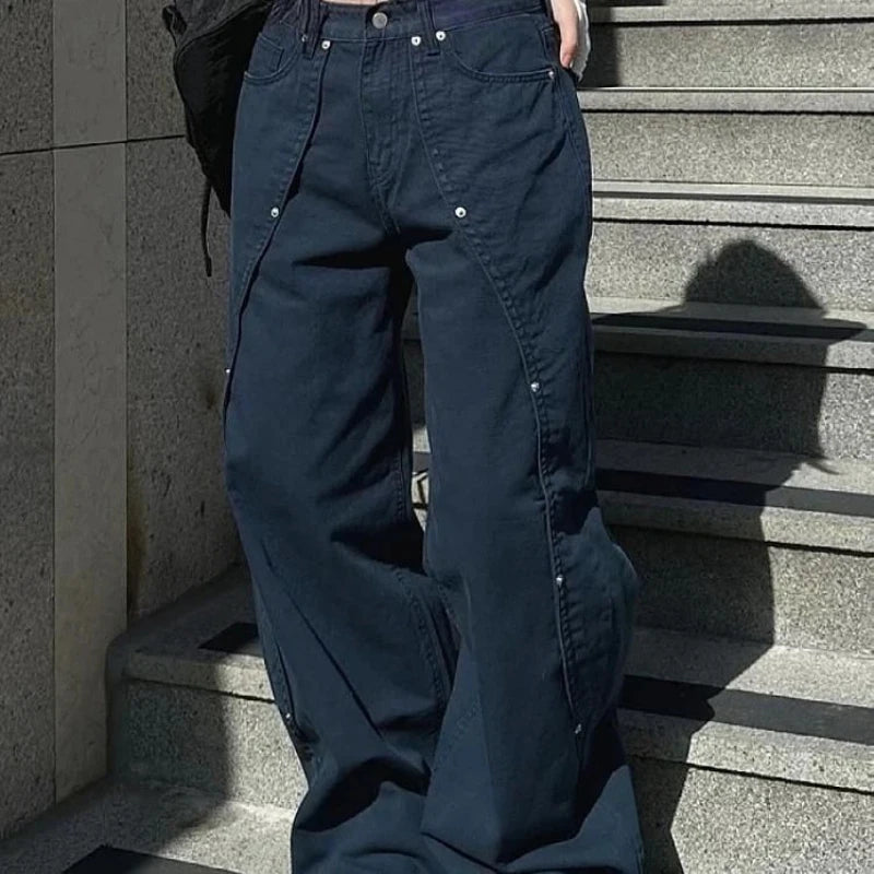 Women's Grommet Waist Black Wide Leg Denim Jeans