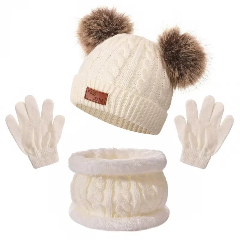 Children's Pom-Pom Hat Scarf and Gloves Knitted Set for Winter Wear