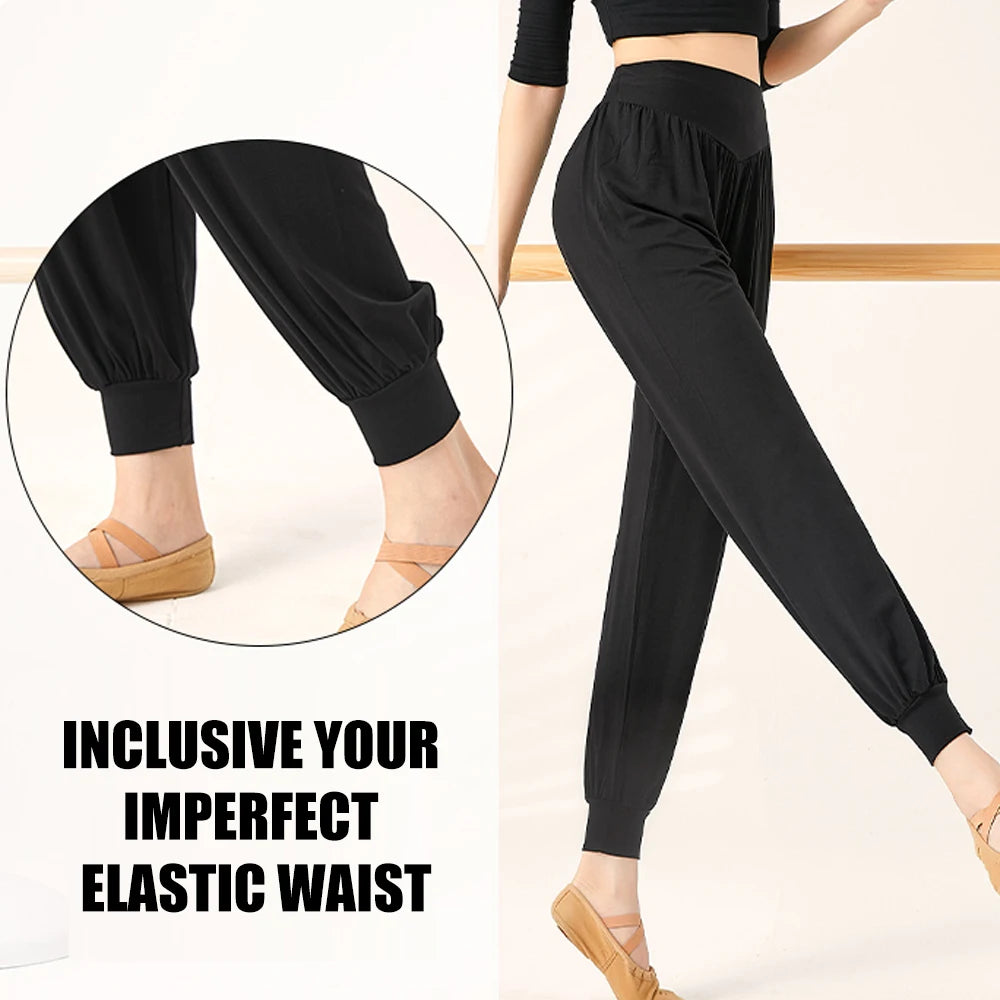 Women's High Waist Polyester Harem Dance Pants with Loose Legs and Gathered Ankles