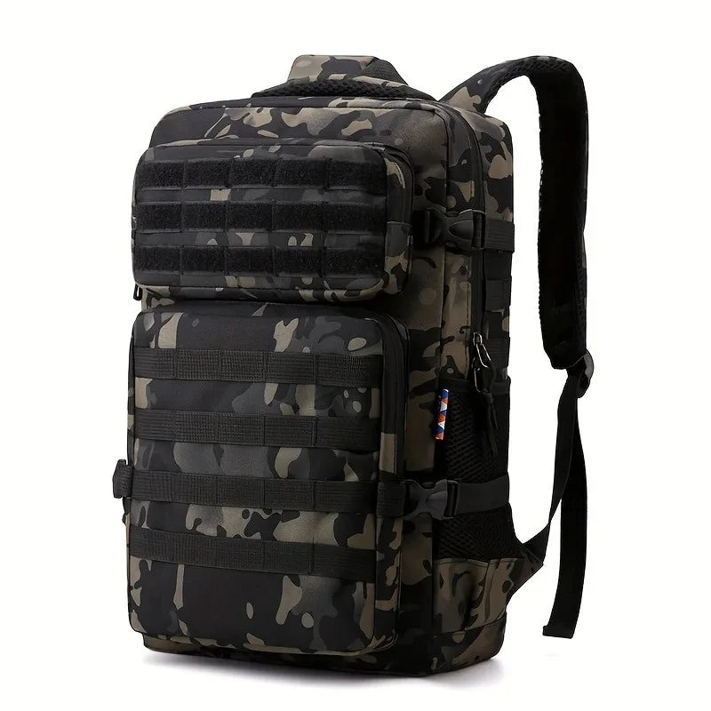 Tactical Style Backpack with Front Webbing and Multiple Zipper Compartments