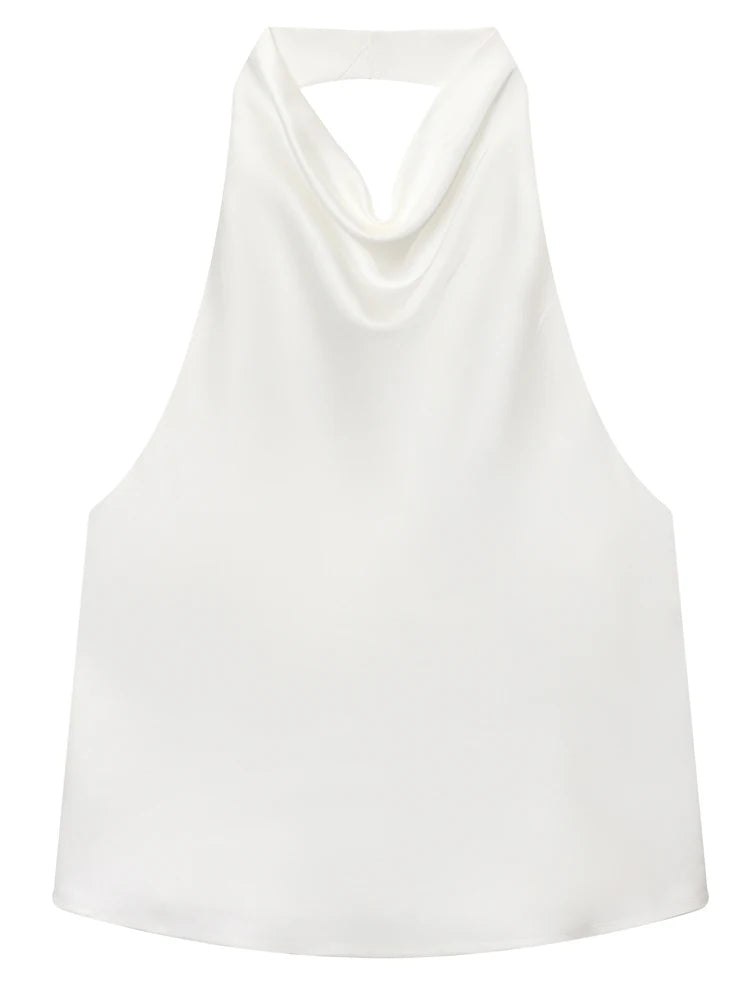 Women's Satin Polyester Halter Camisole with a Draped Front and Open Back