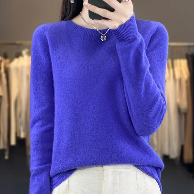 Women's Fluffy Round Neck Long Sleeve Sweater Casual Knit Layer