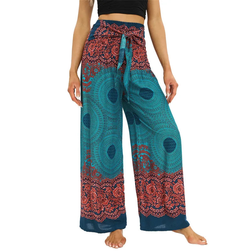 Women's Printed Rayon Harem Pants with Elastic Waist and Convertible Styling