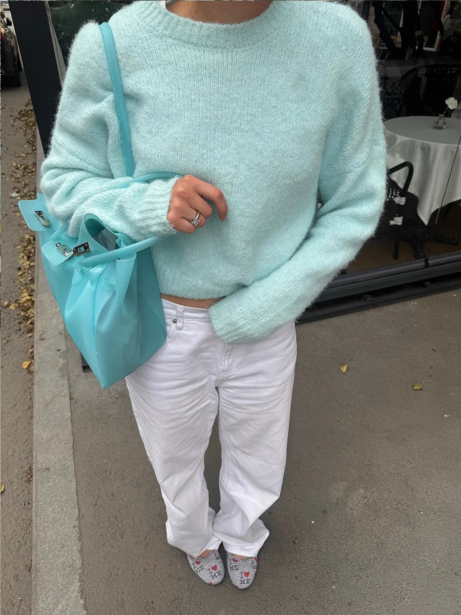 Women's Loose Fluffy Crew Neck Sweater Casual Knit Layer
