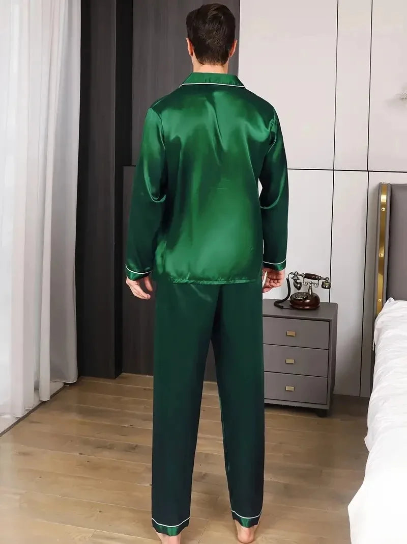Men's Satin Look Button Front Shirt and Pants Pajama Set