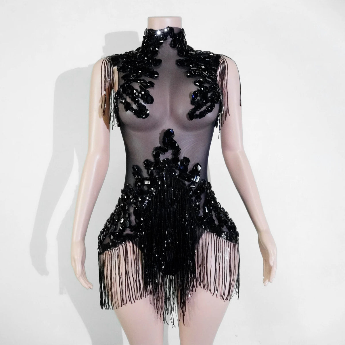 Women's Rhinestone Fringe Mesh Dance Bodysuit for Stage Costume Outfits