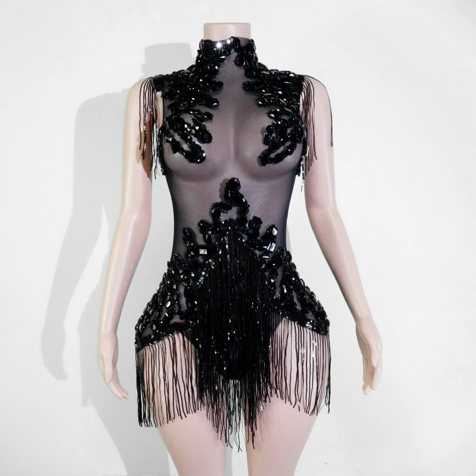 Women's Rhinestone Fringe Mesh Dance Bodysuit for Stage Costume Outfits