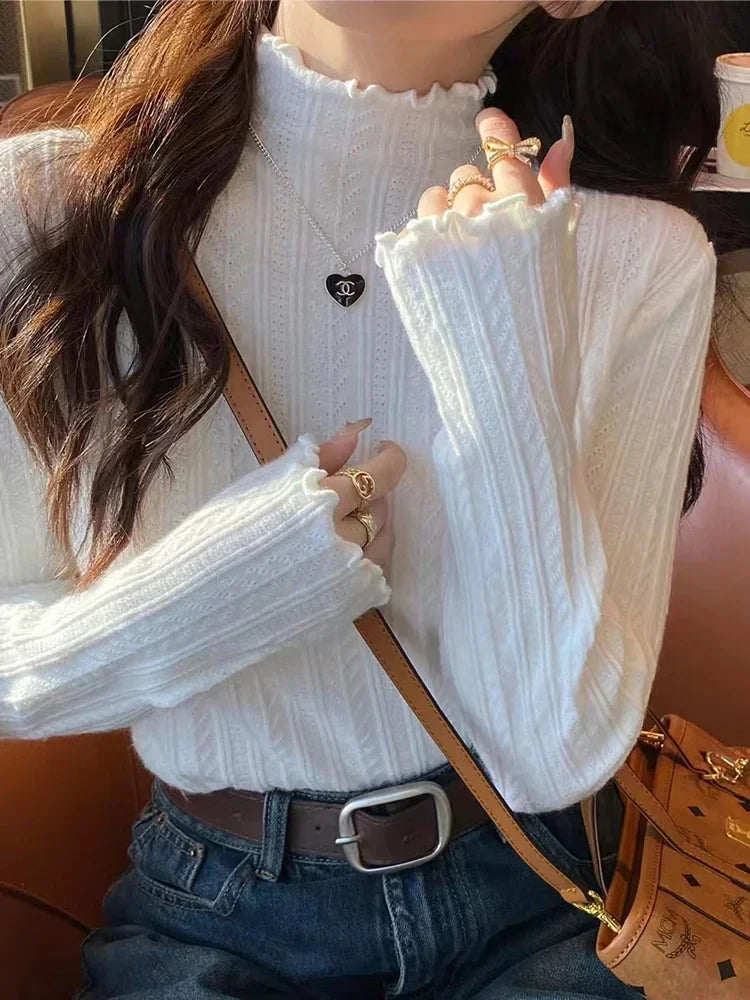 Women's Lettuce Trim Mock Neck Ribbed Sweater Casual Knit Layer