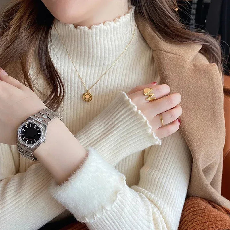 Women's Ribbed Mock Neck Flare Cuff Sweater Casual Knit Layer