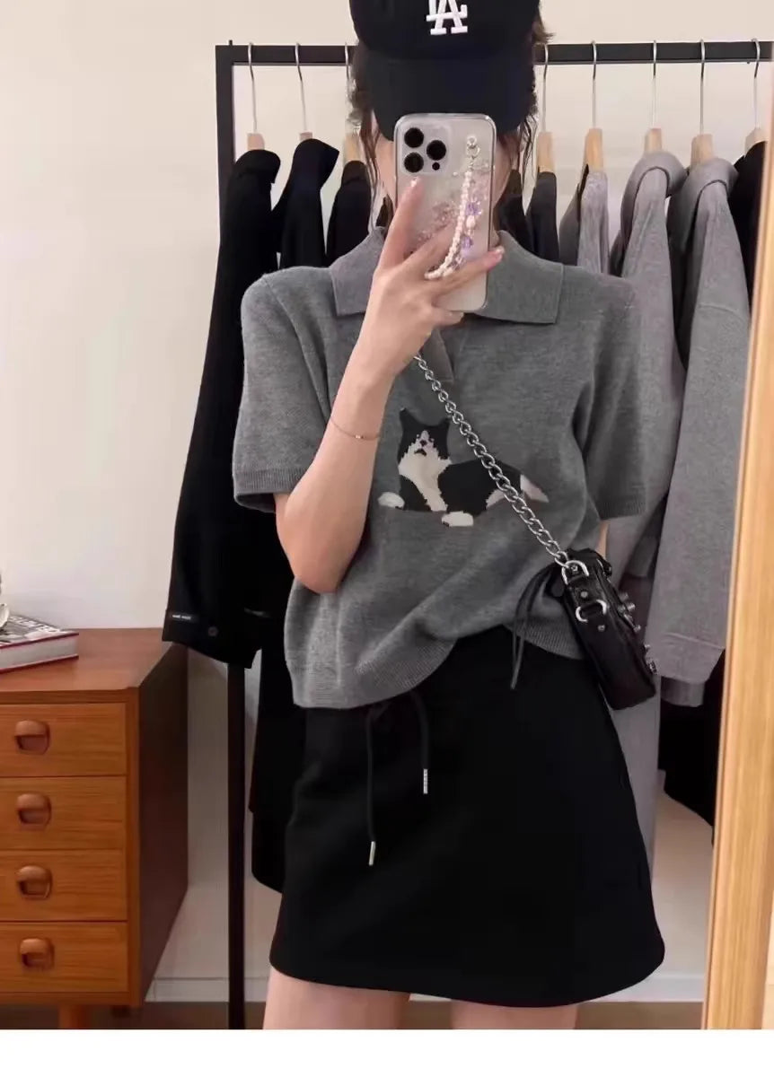 European vintage cat jacquard cashmere knitted short-sleeved women's lapel front-shoulder wool T-shirt, half-sleeved short top