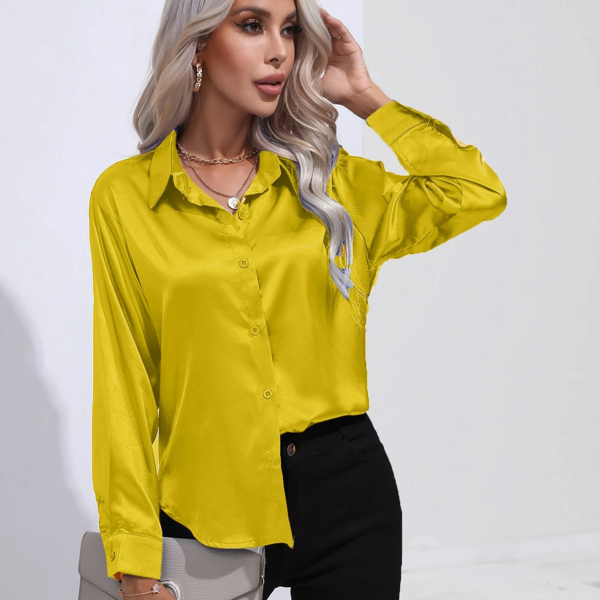 Women's Button Front Satin Look Shirt