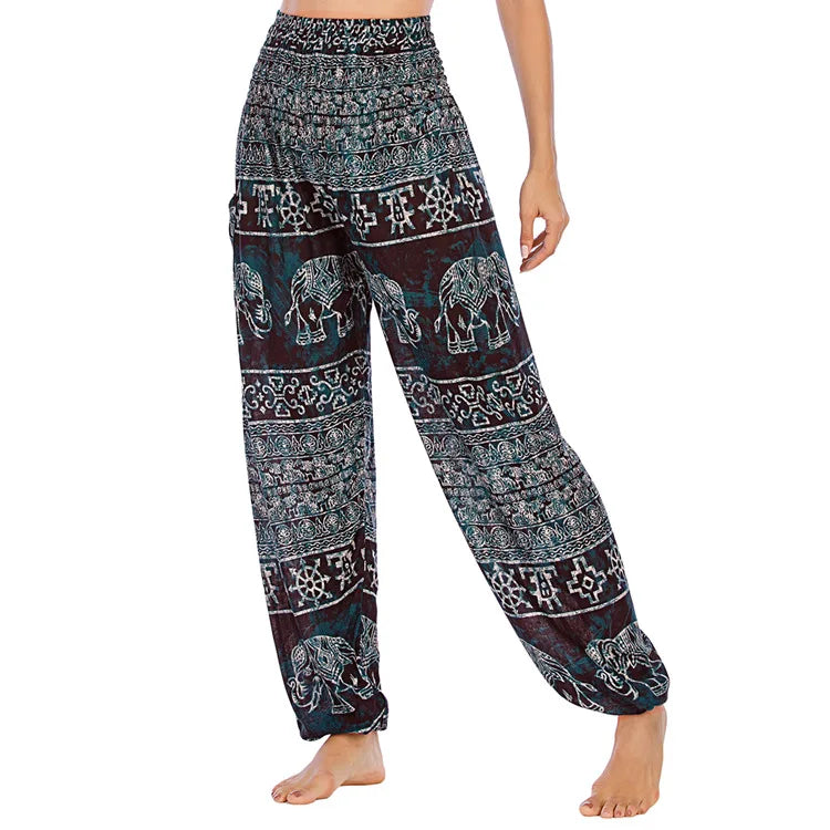 Women's Printed Nylon Harem Pants with Smocked Waist and Convertible Styling