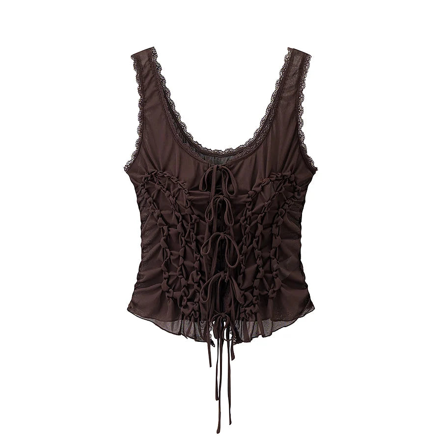 Women's Ruched Polyester Tank Top with Lace Trim and Front Tie