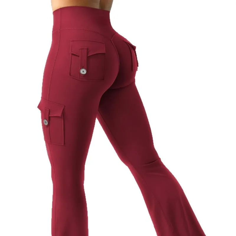 Women's High Waist Polyester Flared Pants with Cargo Style Thigh Pockets