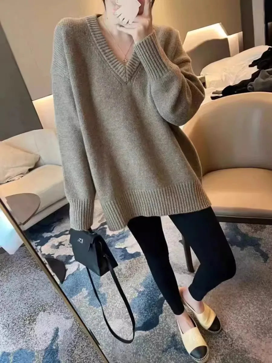 V-neck 100 pure wool sweater for women in autumn and winter, loose and thick sweater, long-sleeved knitted top