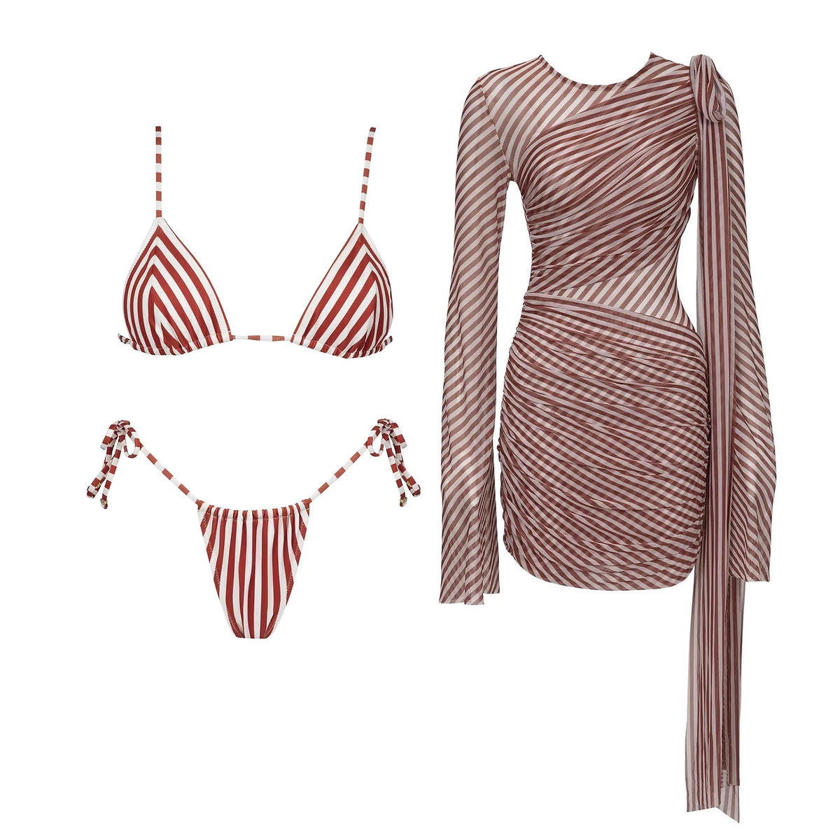 Striped Cutout One-Piece Swimsuit with Long Skirt