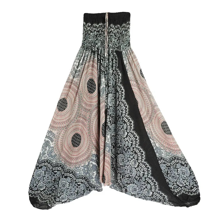 Women's Printed Nylon Harem Pants with Smocked Waist and Convertible Styling