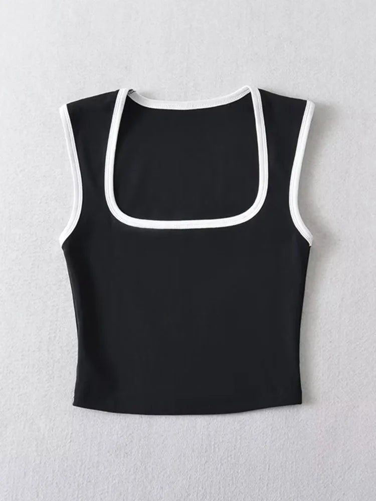 Women's Square Neck Crop Top with Contrast Trim and Cropped Length