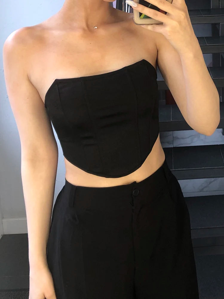 Women's Strapless Velvet Crop Top with Shaped Seams and a Pointed Hem