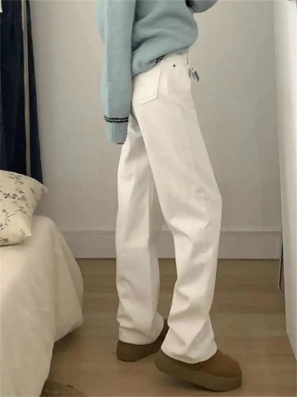 Women's White Fleece Lined Straight Leg Denim Jeans