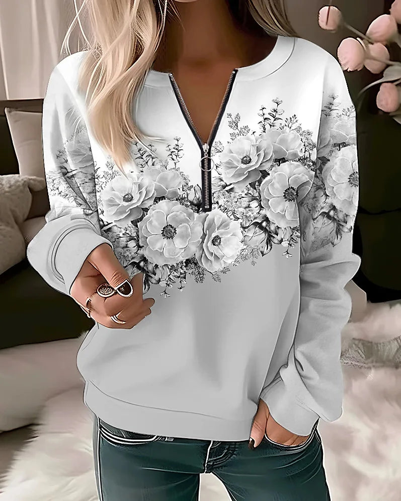Floral Long Sleeve Full Zip Casual Hoodie for Layering