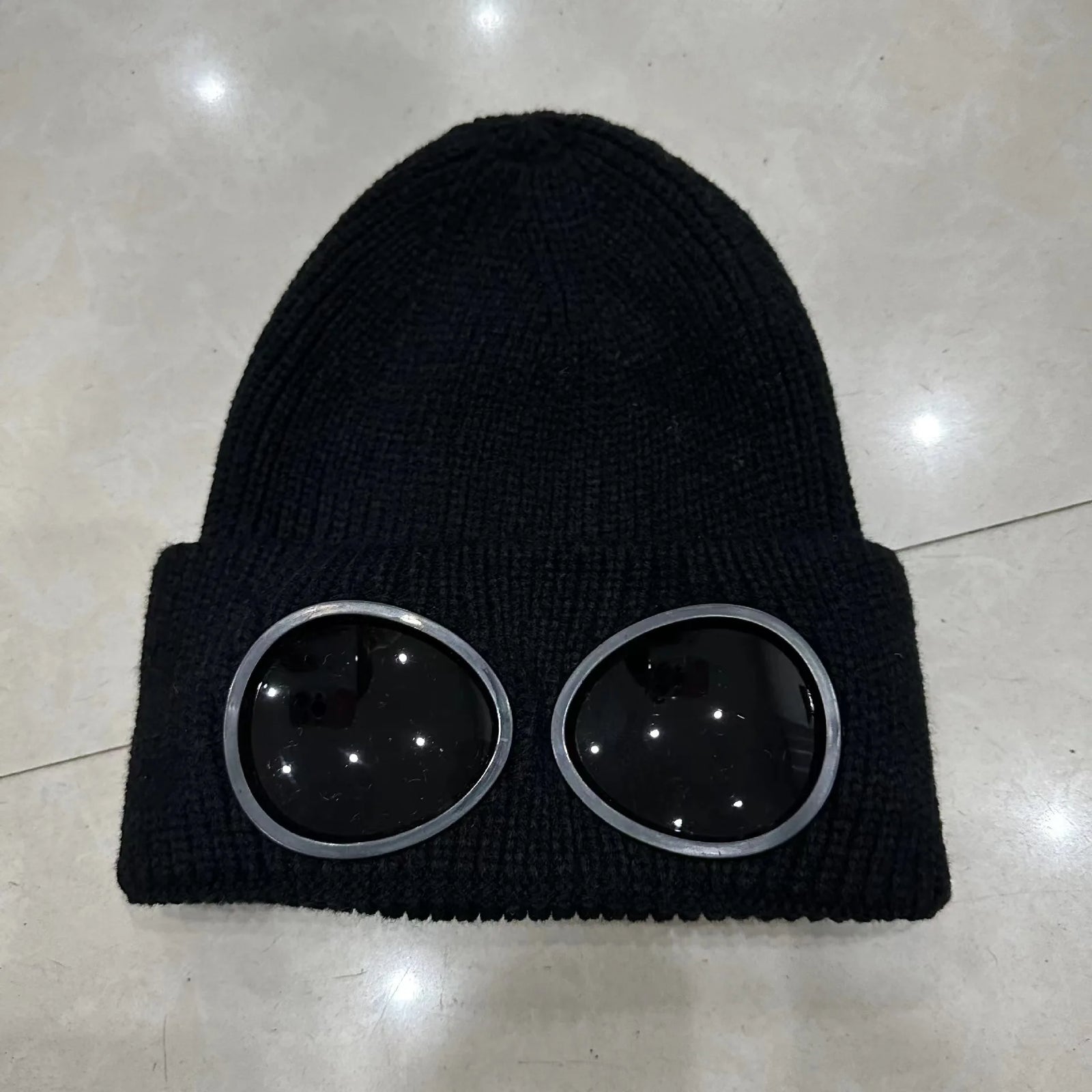 Ribbed Knit Beanie with Decorative Goggle Style Detail