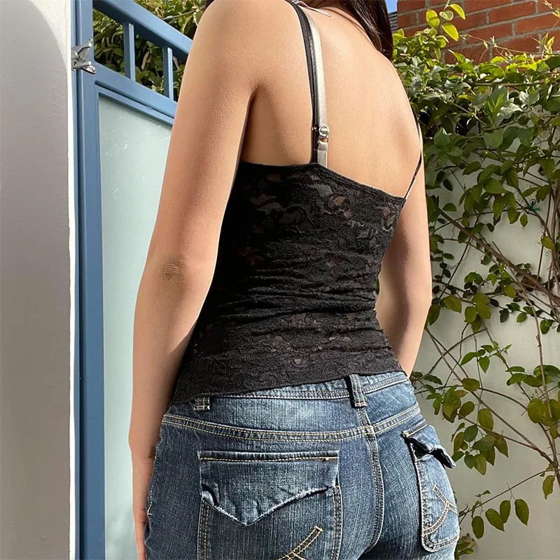 Women's Sheer Lace Camisole with a V Neckline and Thin Straps