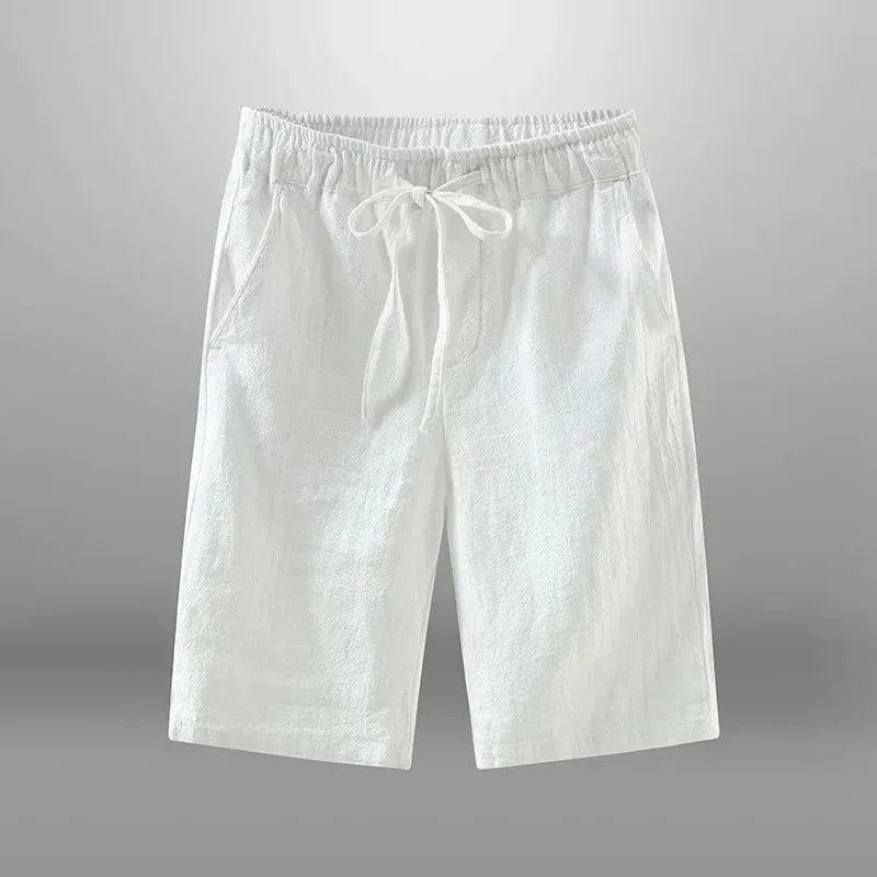 Men’s Cotton-Linen Knee-Length Drawstring Shorts with Pockets and Regular Fit
