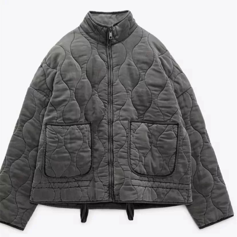 Stand Collar Long Sleeve Quilted Padded Casual Jacket