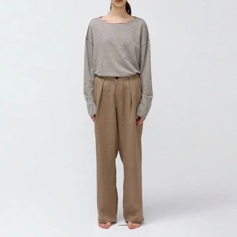 Women's Linen Loose Wide-Leg Full-Length Pants with Button Fly for Casual Outfits