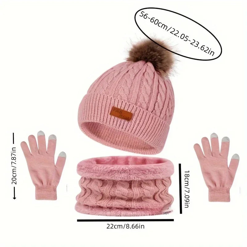 Knitted Hat Scarf and Touchscreen Gloves Set for Outdoor Winter Wear