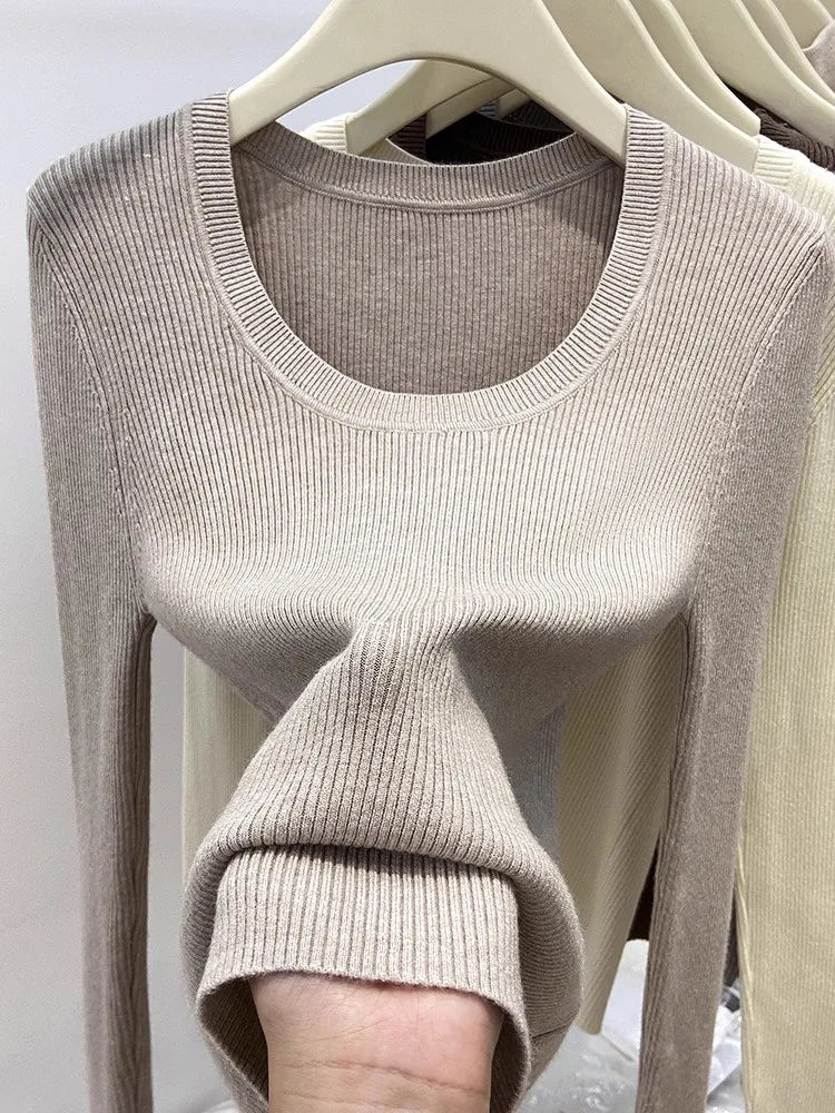 Women's Scoop Neck Ribbed Long Sleeve Sweater Casual Knit Layer