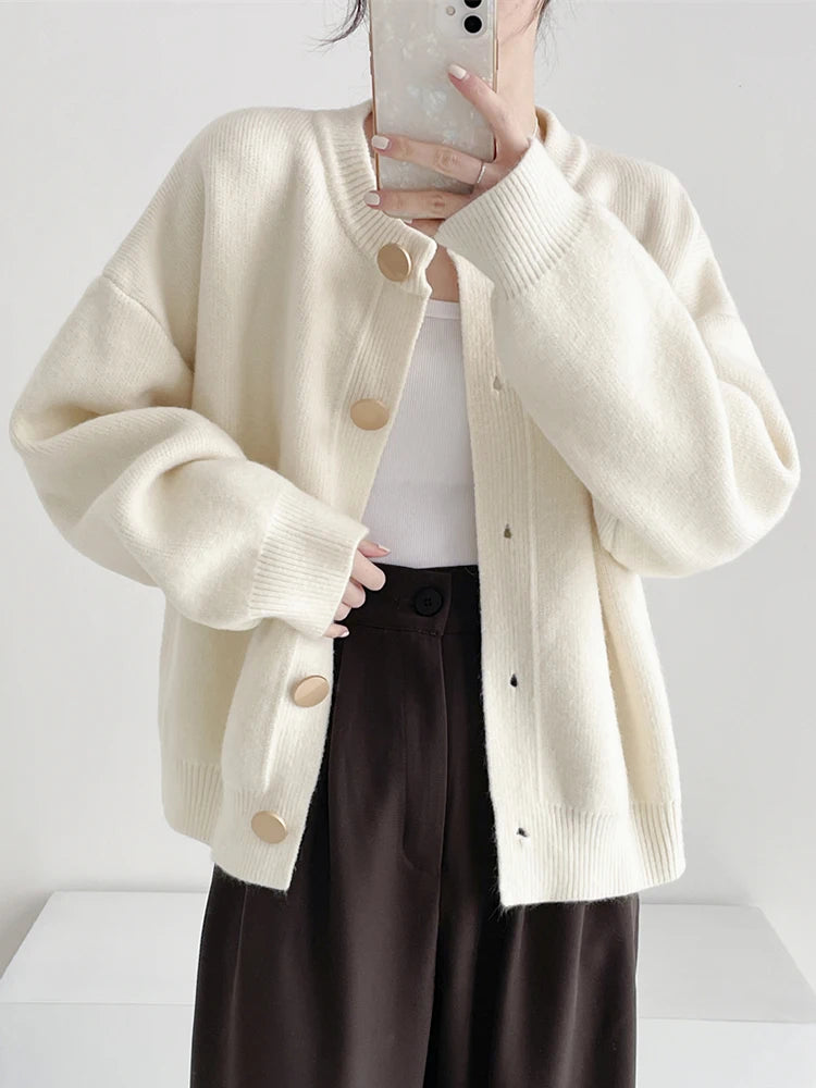 Women's Large Button Crew Neck Cardigan Casual Knit Layer