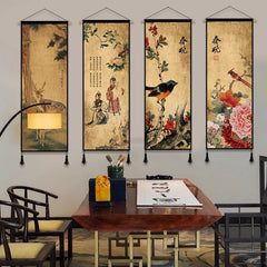 Chinese Style Buddhist Zen Wall Art Poster Ink Painting Landscape Canvas Painting Living Room Wood Scroll Wall Hanging Decor