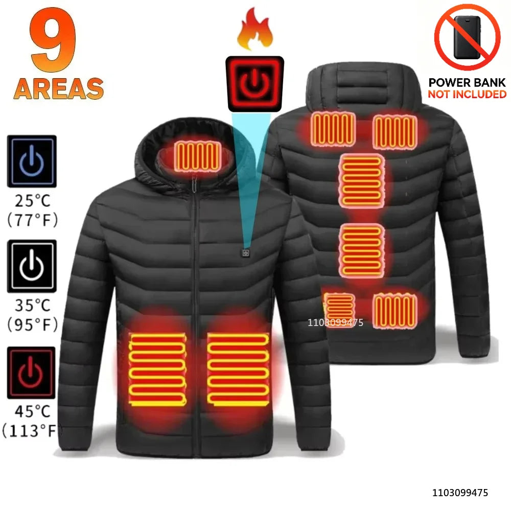 USB Heated Hooded Full Zip Long Sleeve Outdoor Jacket