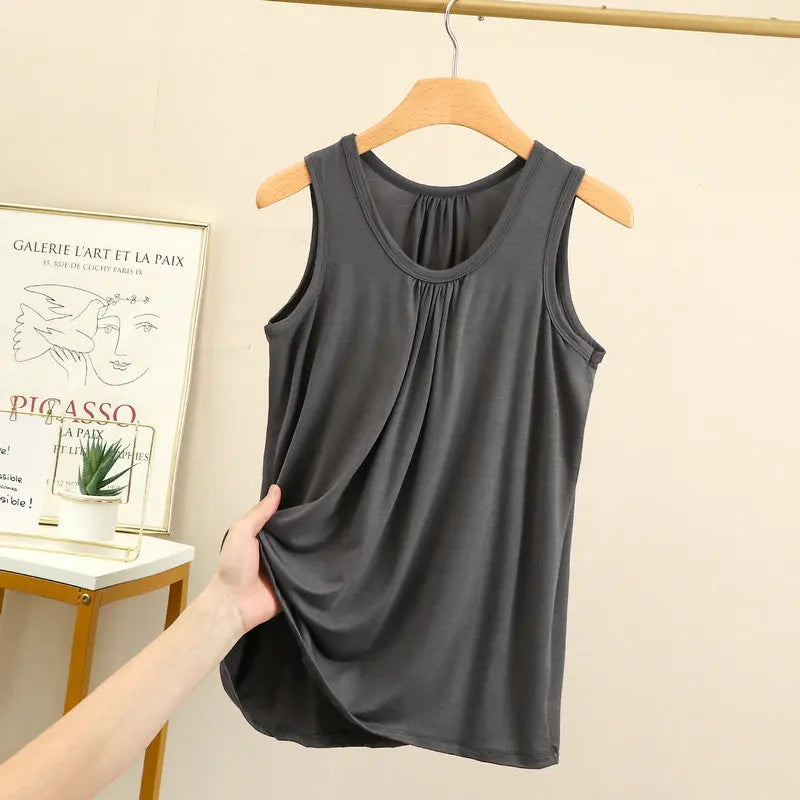 Women's Gathered Neck Polyester Modal Tank Top with Loose Sleeveless Fit